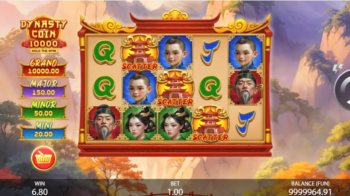 Tampilan visual slot Dynasty Coin 10,000: Hold the Spin dengan latar belakang kuil kuno